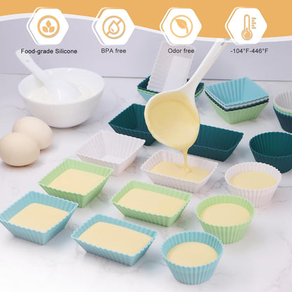 24Pack Silicone Muffin Cups, Reusable Cupcake Liners Molds for Baking, 3 Shapes Lunch Box Bento Dividers-Round, Square, and Rectangular (Orange Series, Regular Size)