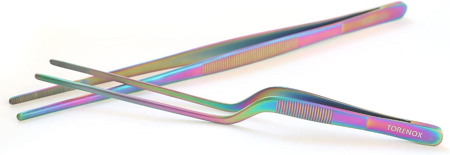 Kitchen Tweezers 10 Inch Straight and 8 Inch Offset - Culinary Precision Tongs Professional Kitchen Long Tweezers Set of 2 pieces - BBQ, Plating, Multi-use
