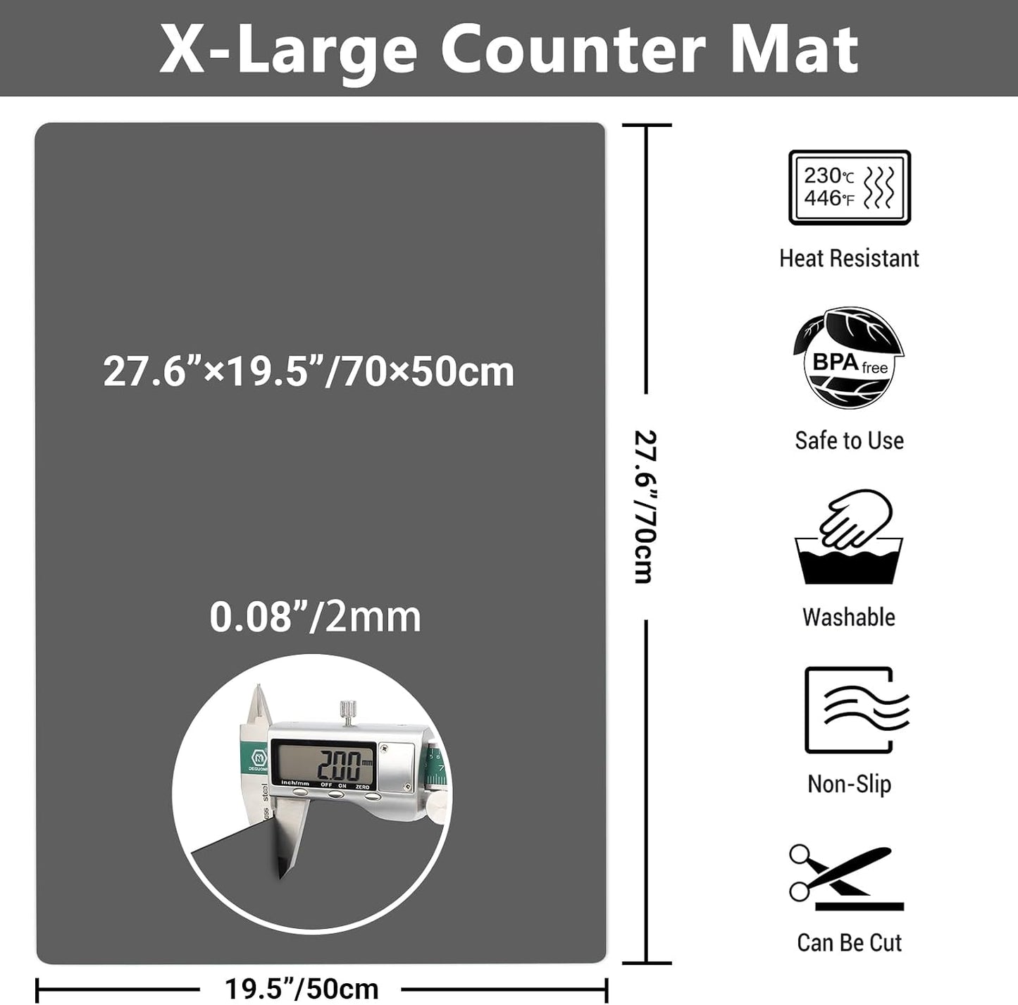 Ewen 25.6x17.7in Large Silicone Kitchen Counter Mat, 2mm Thick Heat Resistant Countertop Protector, Baking Silicone Mat under Air Fryer Toaster Oven Microwave Coffee Maker Cutting Board Drill Black