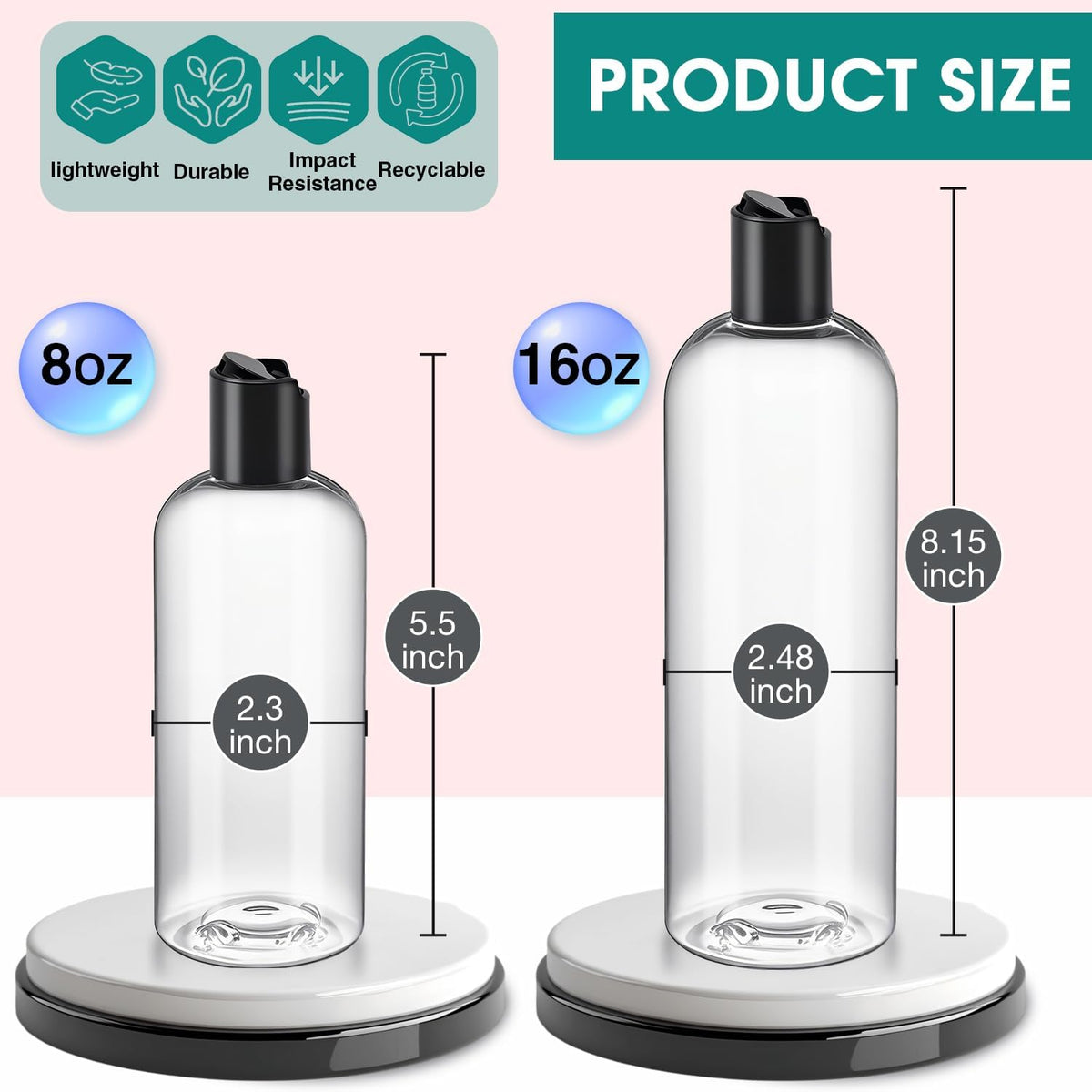 3Pcs 16 oz Clear Plastic Refillable Travel Bottles with Black Disc Top Caps