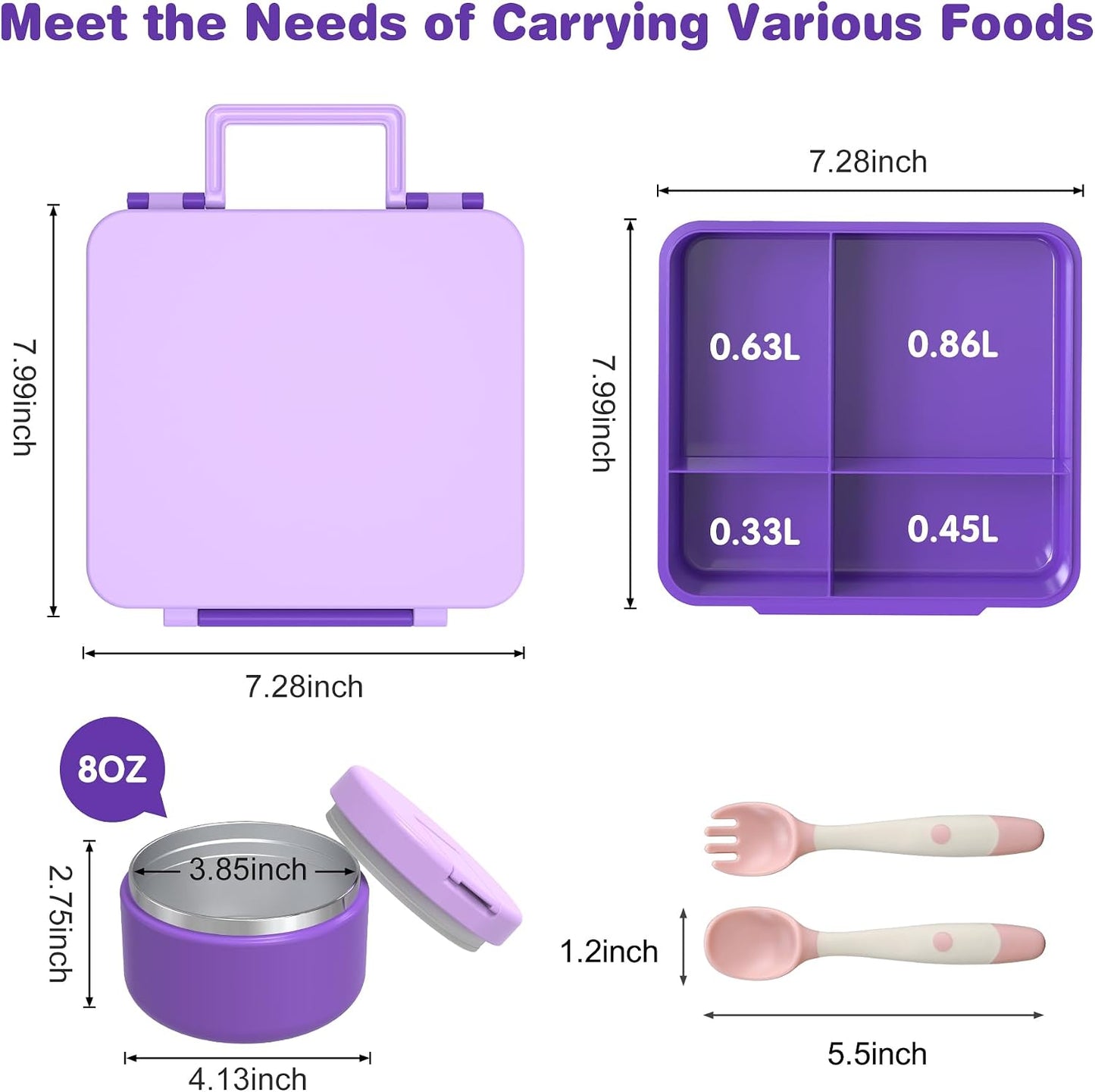 Pawtong Bento Lunch Box with 8oz Soup Thermo, Kids Leakproof Lunch Food Containers with 4 Compartment, Kids Thermo Insulated Hot Food Jar for School, Trvael - (Pink)
