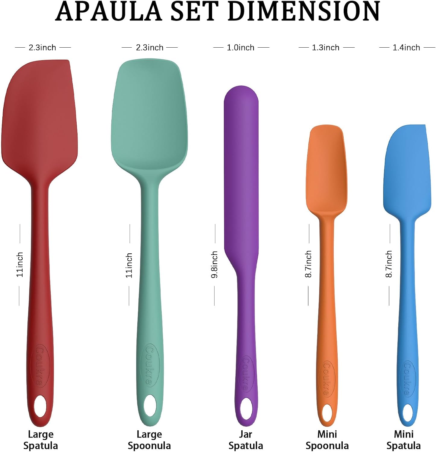 Coukre Silicone Spatula Set of 5,High Temperature Resistant, Food Grade Silicone, Dishwasher Safe, for Baking, Cooking (Pure Colorful A)