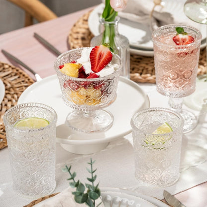 Cameo Clear Vintage Drinking Glasses Set of 4 Vintage Glassware with Engraved Flower Cup 9 oz Lead-Free Old Fashioned Cocktail Glasses Dishwasher Safe Drink Tumbler Whiskey Glasses Cups
