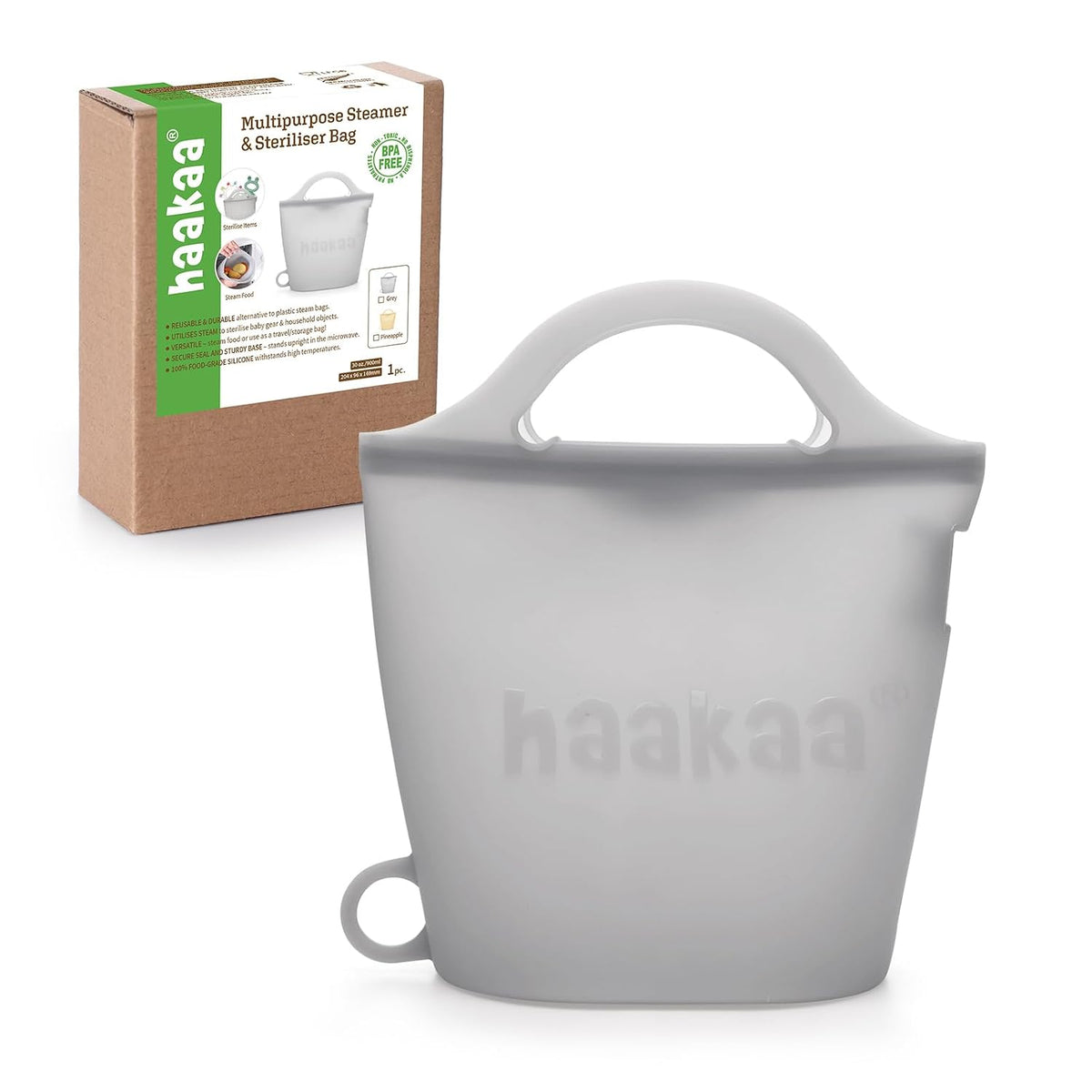 Haakaa Silicone Microwave Steamer & Steriliser Bag, 70oz/2000ml Large Capacity Reusable Steaming Bags for Baby Bottles, Breast Pump, Accessories, Pacifiers,Teethers, Great for Home&On The Go, Grey/1PC