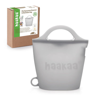 Haakaa Silicone Microwave Steamer & Steriliser Bag, 70oz/2000ml Large Capacity Reusable Steaming Bags for Baby Bottles, Breast Pump, Accessories, Pacifiers,Teethers, Great for Home&On The Go, Grey/1PC