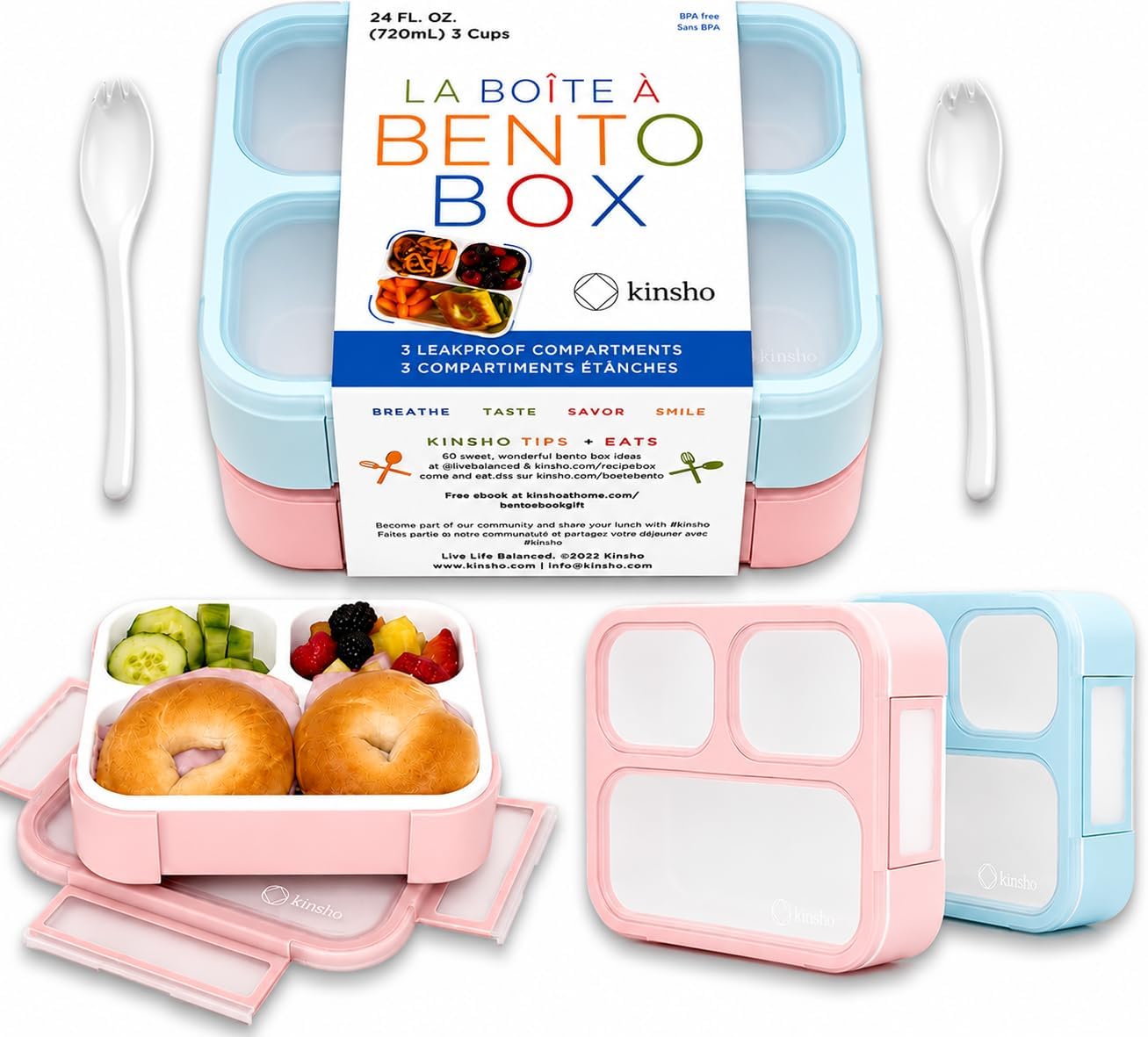 kinsho Medium Bento Boxes for Kids, Lunch Box for Boys Girls Toddler Adults, Leak-Proof 3 Compartment Containers for Meal or Snack at School Daycare Work Travel, BPA Free 2 Pack (Pastel Blue + Pink)