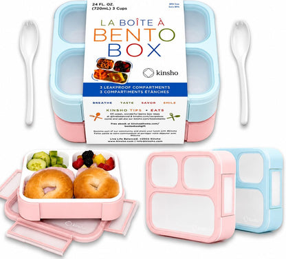 kinsho Medium Bento Boxes for Kids, Lunch Box for Boys Girls Toddler Adults, Leak-Proof 3 Compartment Containers for Meal or Snack at School Daycare Work Travel, BPA Free 2 Pack (Pastel Blue + Pink)