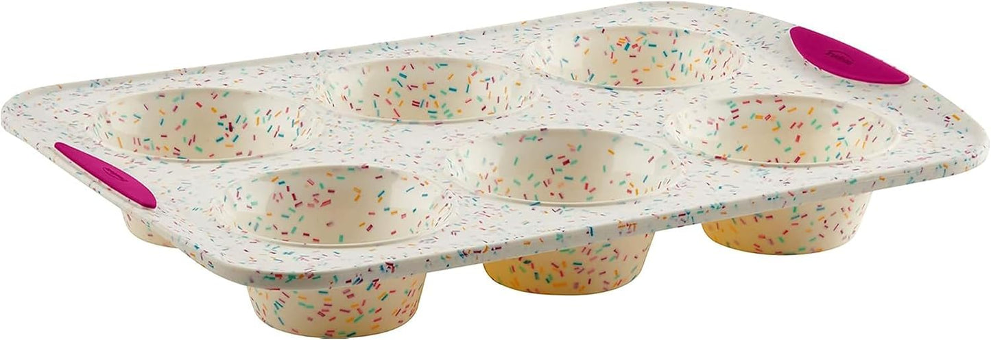 Trudeau Structure White Confetti 6-Cup Jumbo Muffin Pan – Premium Steel-Reinforced Silicone Bakeware, Nonstick BPA-Free Cupcake & Muffin Mold – Oven, Freezer & Dishwasher Safe