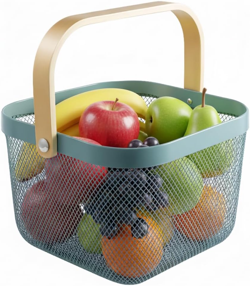 Mesh Steel Storage Organizer Basket Fruit Basket Bin with Wood Handle Ideal for Kitchen Bathroom Picnic Baskets Pantry Cabinets Storage Home Decor (White)