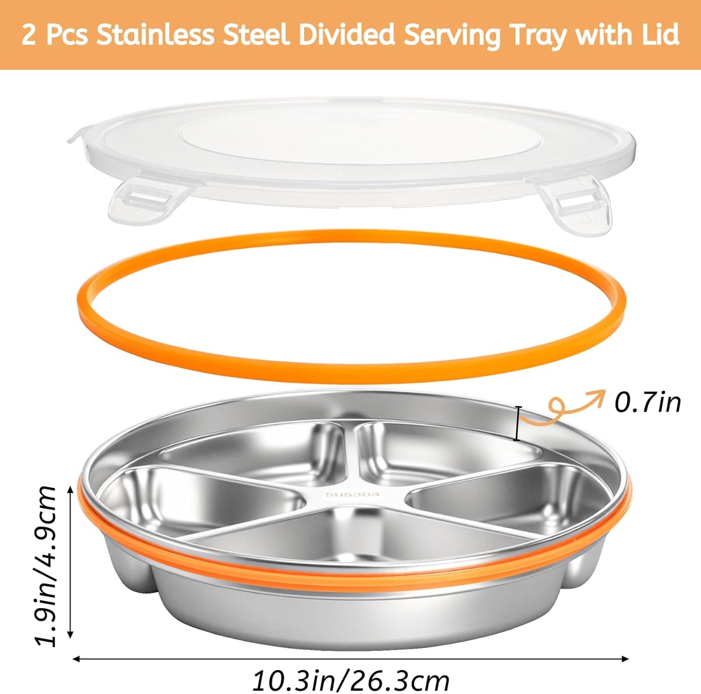 Youeon 2 Pack Stainless Steel Divided Serving Tray with Lid, 5 Compartments Round Veggie Tray Snack Box, Reusable Sectioned Food Storage Container for Meal Prep, Party, Entertaining