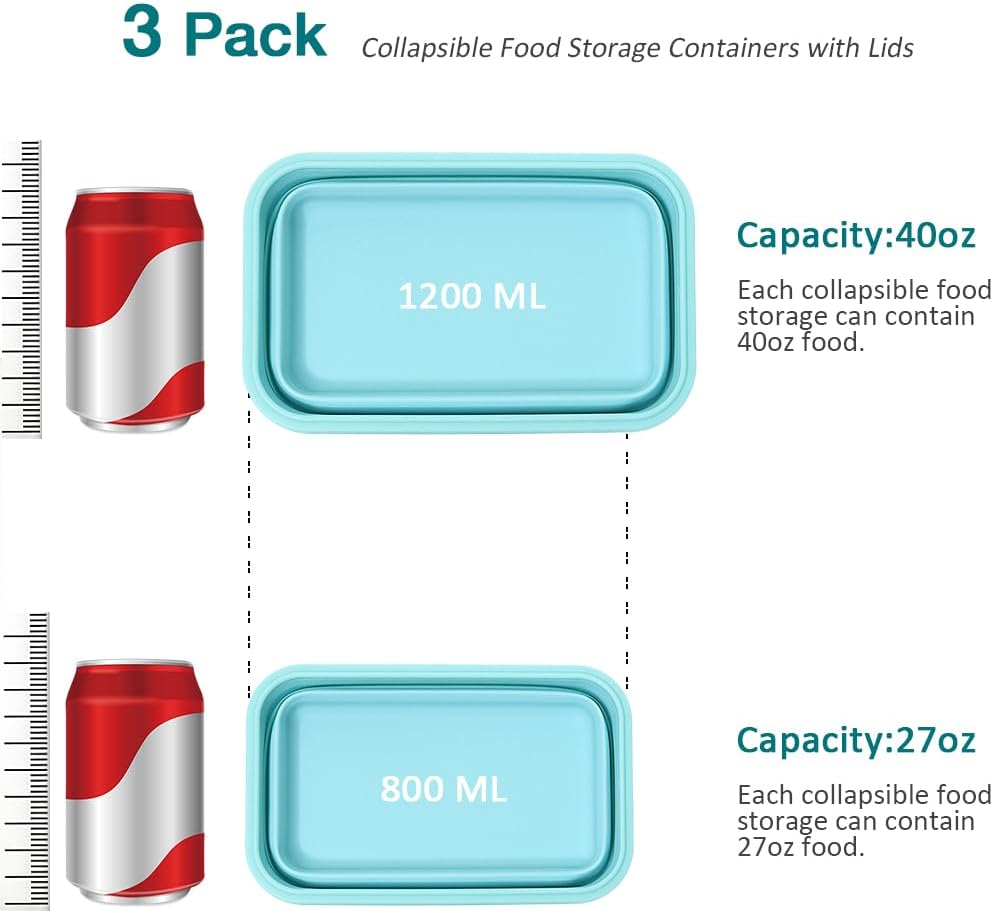 Alimat PluS 40.5oz Silicone Collapsible Food Storage Containers with Lids, 3 Pack Set 1200ml Folding Large Meal Prep Lunch Containers, Microwave, Freezer and Dishwasher Safe