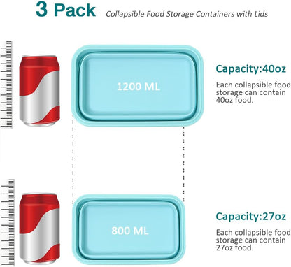 Alimat PluS 40.5oz Silicone Collapsible Food Storage Containers with Lids, 3 Pack Set 1200ml Folding Large Meal Prep Lunch Containers, Microwave, Freezer and Dishwasher Safe