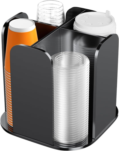 Beego Rotatable 4-Compartment Acrylic Cup Dispenser - Coffee Station Cup and Lid Carousel Countertop Plastic Cup Holder for Restaurant Breakroom Coffee Bar