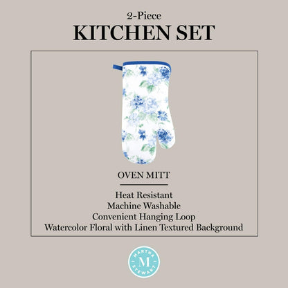 Martha Stewart Amber Floral Oven Mitt & Pot Holder Set 2-Pack, Blue/Green, OM: 7"x13" & PH: 7"x10"