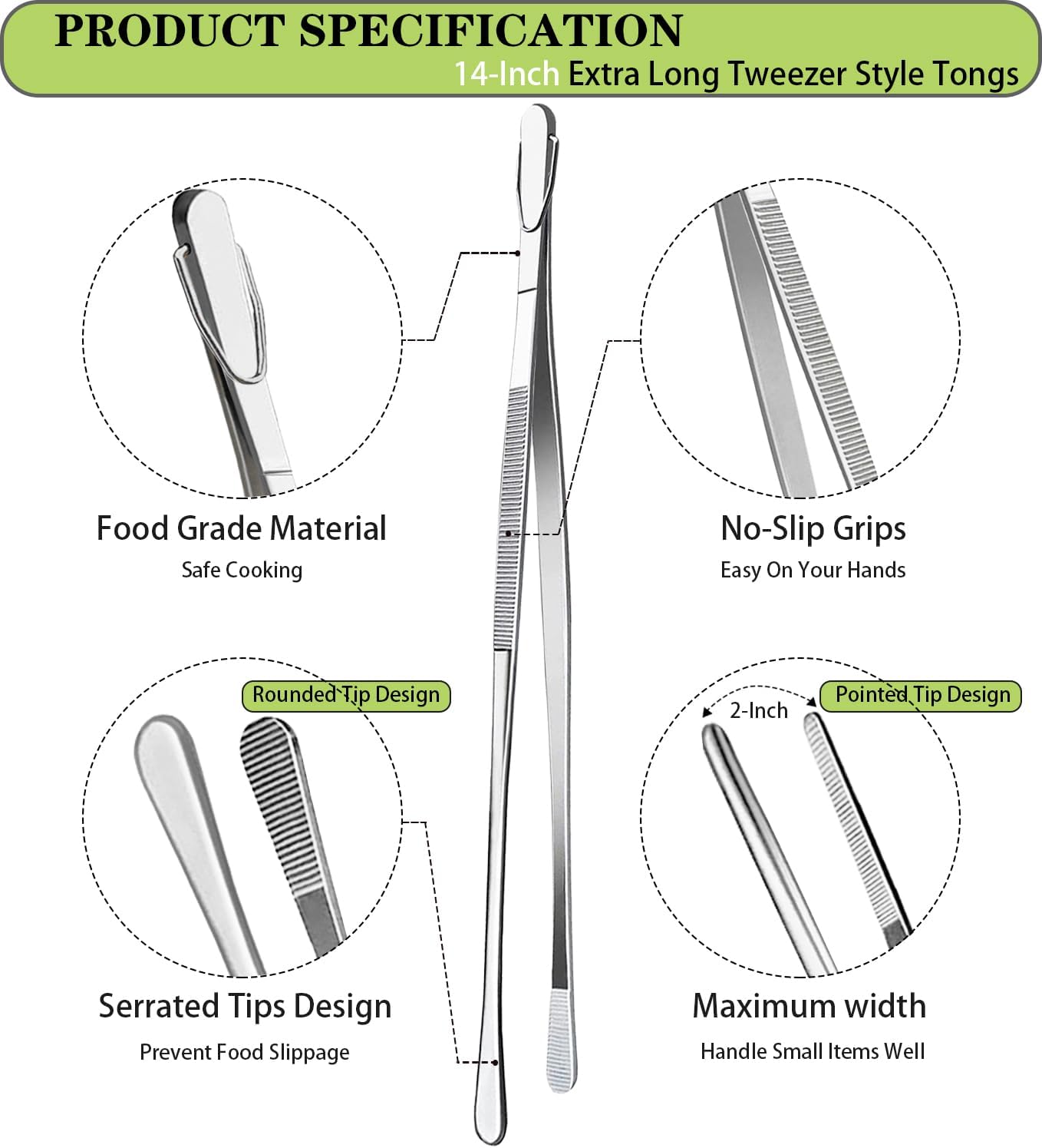 JETKONG 2 Pcs 12-Inch Kitchen Tweezers Fine Tweezer Tongs, Extra-Long Stainless Steel Cooking Tweezers (Silver)