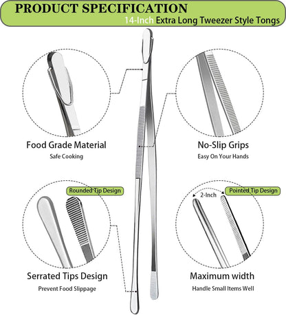 JETKONG 2 Pcs 12-Inch Kitchen Tweezers Fine Tweezer Tongs, Extra-Long Stainless Steel Cooking Tweezers (Silver)