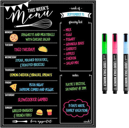 Cinch! 16x12-Inch Chalkboard Weekly Menu - Magnetic Meal Planner Board for Refrigerator - Reusable Black Menu Board with 3 Neon Liquid Chalk Markers - Weekly Food Planner for Kitchen Organization