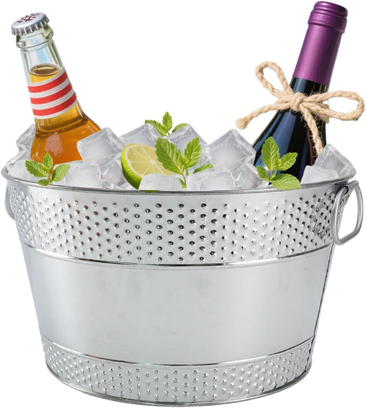 Ice Bucket for Parties Galvanized Beverage Tub, Drink Buckets Galvanized Bucket with Handles for Wine Beer Champagne Cocktails for Catering Bars (Silver-1PC)