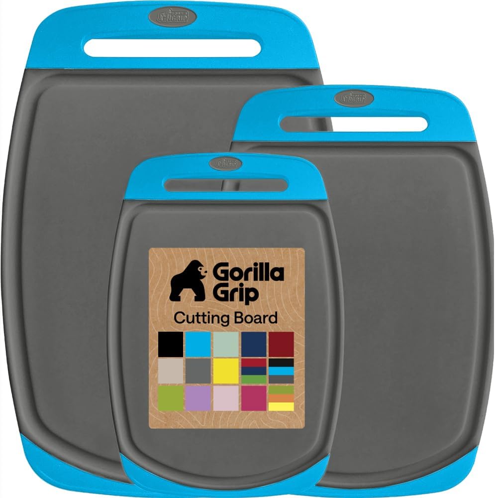 GORILLA GRIP BPA-Free Reversible Kitchen Cutting Board Set of 3, US Designed, Nonporous, Juice Grooves Catch Liquid, Slip Resistant Border, Dishwasher Safe, Durable Large Food Chopping Boards, Black