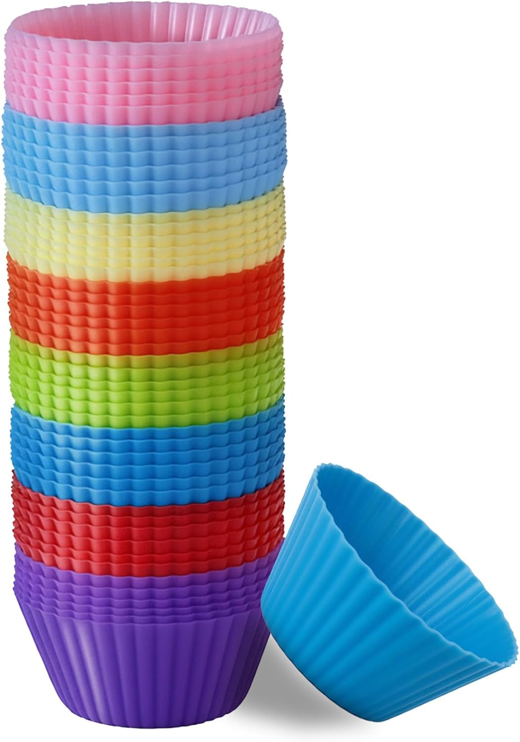 Reusable Silicone Cupcake Liners BPA Free Silicone Muffin Cups for Baking, Oven Microwave Air Fryer Safe, 2.75 x 1.7 x 1.2 Inches, Dishwasher Safe Baking Cups, 8 Rainbow Colors, 48 Pack