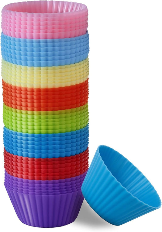 Reusable Silicone Cupcake Liners BPA Free Silicone Muffin Cups for Baking, Oven Microwave Air Fryer Safe, 2.75 x 1.7 x 1.2 Inches, Dishwasher Safe Baking Cups, 8 Rainbow Colors, 48 Pack