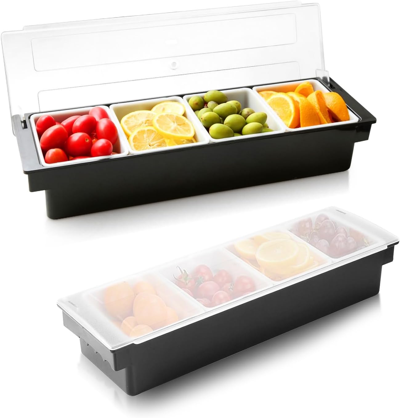 WICHEMI Fruit, Veggie & Condiment Caddy with Lid Dispenser Tray Plastic Garnish Station for Bartending & Serving Taco, Ice Cream, Salad Bar - Topping Organizer for Restaurant Supplies (3 Compartment)
