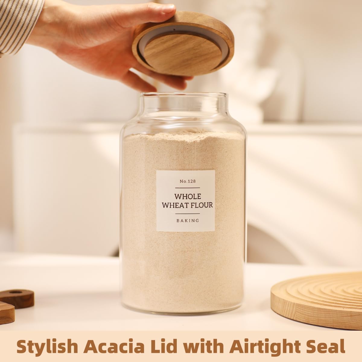 2 Pack Large Glass Flour and Sugar Storage Containers with Airtight Acacia Wood Lids and 132 Kitchen Pantey Labels Preprint - 1 Gallon Borosilicate Glass Canister Sets for Food,Pasta,Cookie,Rice