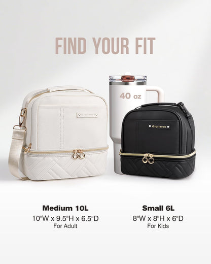 Double Deck Lunch Box Bag Women - Vegan Leather Insulated Waterproof Leakproof Cooler for Work Travel Picnics - Teacher Mothers Day Christmas Birthday Gifts