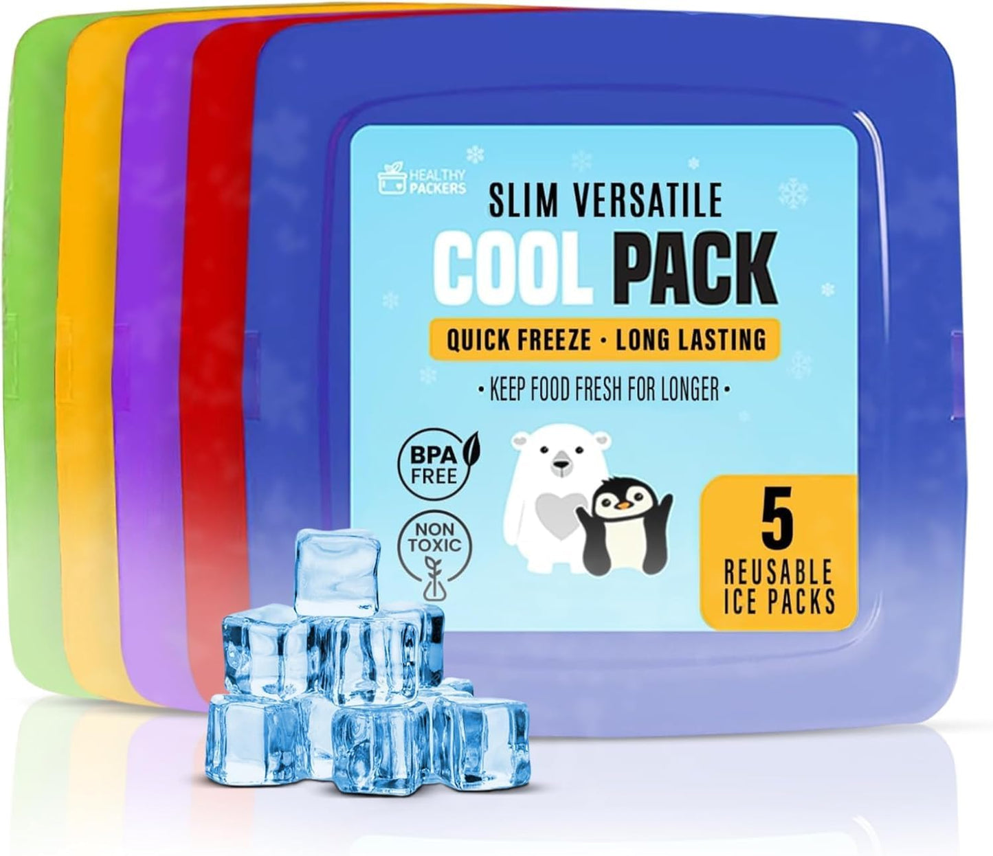 Healthy Packers® Reusable Ice Packs for Lunch Boxes Kids and Adults | Long‑Lasting Thin Freezer Packs for Coolers, Bento Boxes, Lunch Bags, Travel, School Meals, Meal Prep (10-Pack | Square)