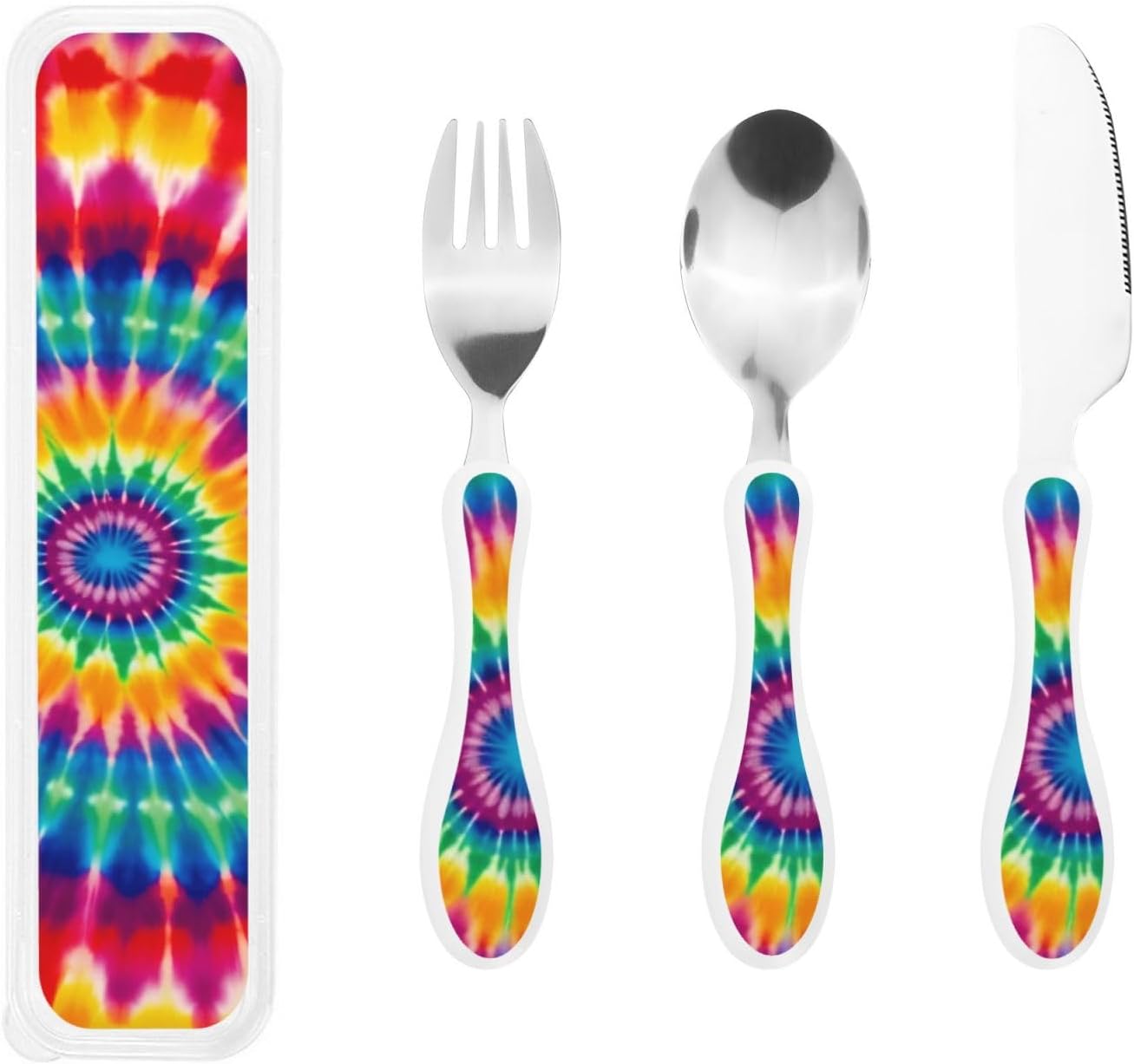 3-Piece Kids Silverware Set, Stainless Steel Reusable Children Safe Knife Spoon Fork Set With Storage Case Tie Dye Pattern Children Flatware Set For Kids Lunch Box