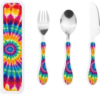 3-Piece Kids Silverware Set, Stainless Steel Reusable Children Safe Knife Spoon Fork Set With Storage Case Tie Dye Pattern Children Flatware Set For Kids Lunch Box