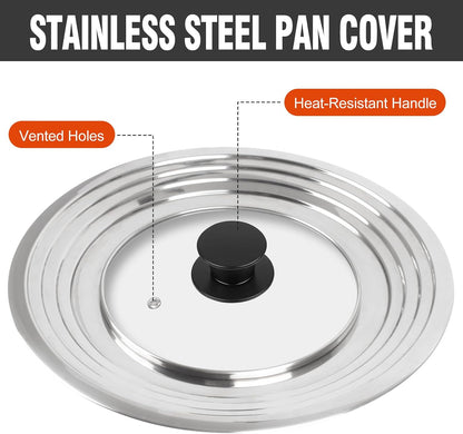 Universal Lids with Tempered Glass Top Fits 6, 7, 8 & 8.2, 9, 10, 11, 12, 12.5 Inch Cookware, Replacement Frying Pan Cover for Pots, Pans and Skillets, Cast Iron Lids for Space Saving