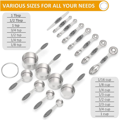Wildone Measuring Cups and Magnetic Measuring Spoons Set, 16Pcs | 8 Stainless Measuring Cups, 7 Double-sided Magnetic Measuring Spoons & leveler for Spice Jar and Liquid Measuring, Multicolor