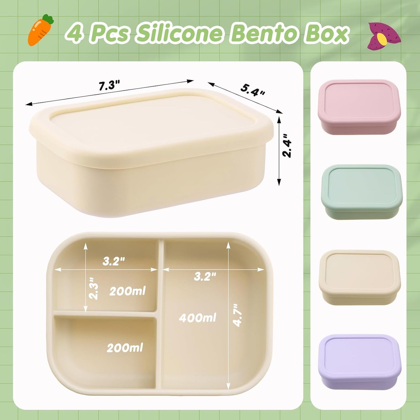 Layhit 4 Pcs Silicone Bento Box for Adults, 27 oz Bento Lunch Container Reusable 3 Compartment Lunchable Food Container for Women Men, Leak Proof Microwave Dishwasher Freezer Safe (Cool Colors)