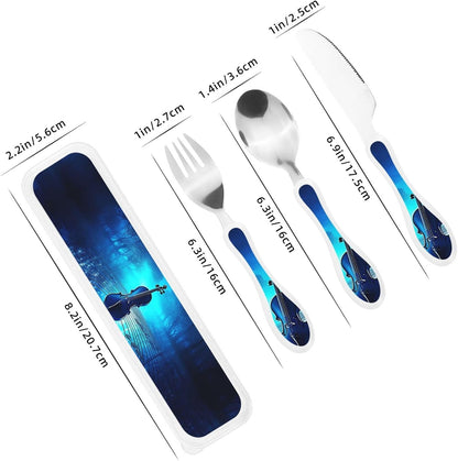 3-Piece Kids Silverware Set With Storage Case, Stainless Steel Reusable Children Safe Knife Spoon Fork Set Blue Lotus Floral Children Flatware Set For Kids Lunch Box