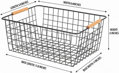 4 Pack Black Large Wire Baskets for Organization Metal Wire Food Storage Basket Organizer with Wooden Handles for Organizing Kitchen Cabinets