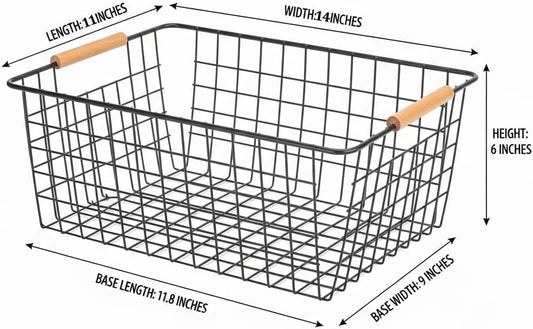 4 Pack Black Large Wire Baskets for Organization Metal Wire Food Storage Basket Organizer with Wooden Handles for Organizing Kitchen Cabinets