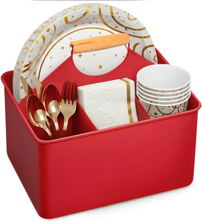 Plexon Metal Utensil Caddy With Handle - Farmhouse Rustic Kitchen Utensil Holder for Party Picnic Table Garden - Tool Cutlery Flatware Silverware Caddy Organizer Storage, Red