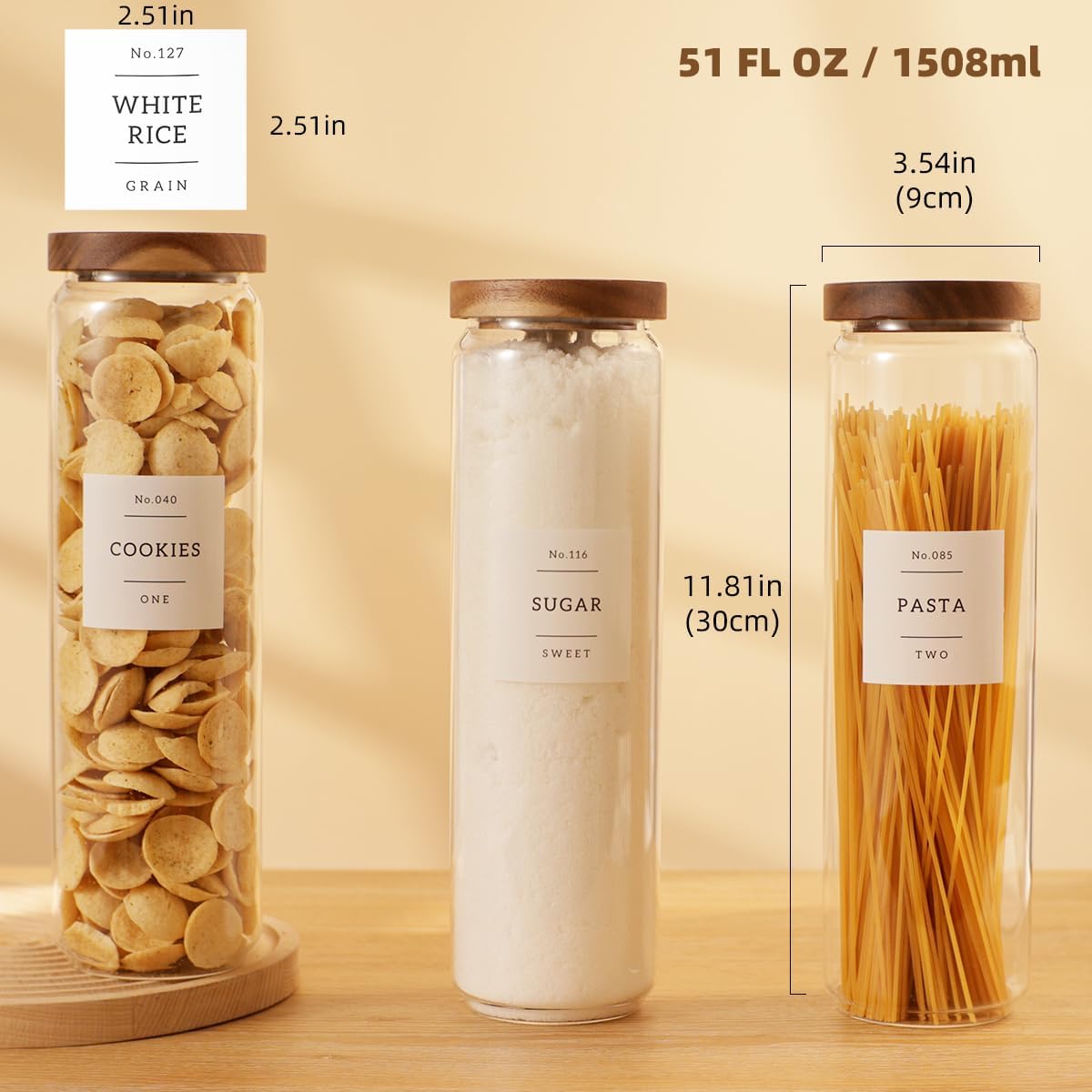2 Pack Large Glass Flour and Sugar Storage Containers with Airtight Acacia Wood Lids and 132 Kitchen Pantey Labels Preprint - 1 Gallon Borosilicate Glass Canister Sets for Food,Pasta,Cookie,Rice