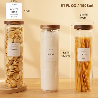 2 Pack Large Glass Flour and Sugar Storage Containers with Airtight Acacia Wood Lids and 132 Kitchen Pantey Labels Preprint - 1 Gallon Borosilicate Glass Canister Sets for Food,Pasta,Cookie,Rice