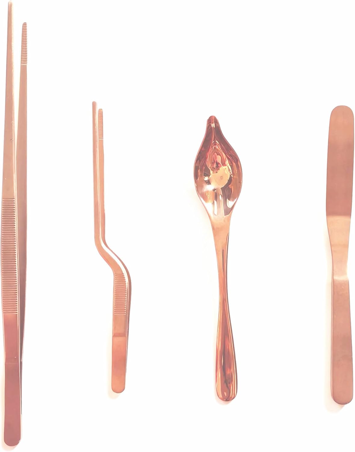 4 Pcs Stainless Steel Kitchen Chef Cooking Tweezers Precision Tongs Drawing Spoons Offset Spatula Set for Professional Chef Food Culinary Plating Decorating (Rose Golden)