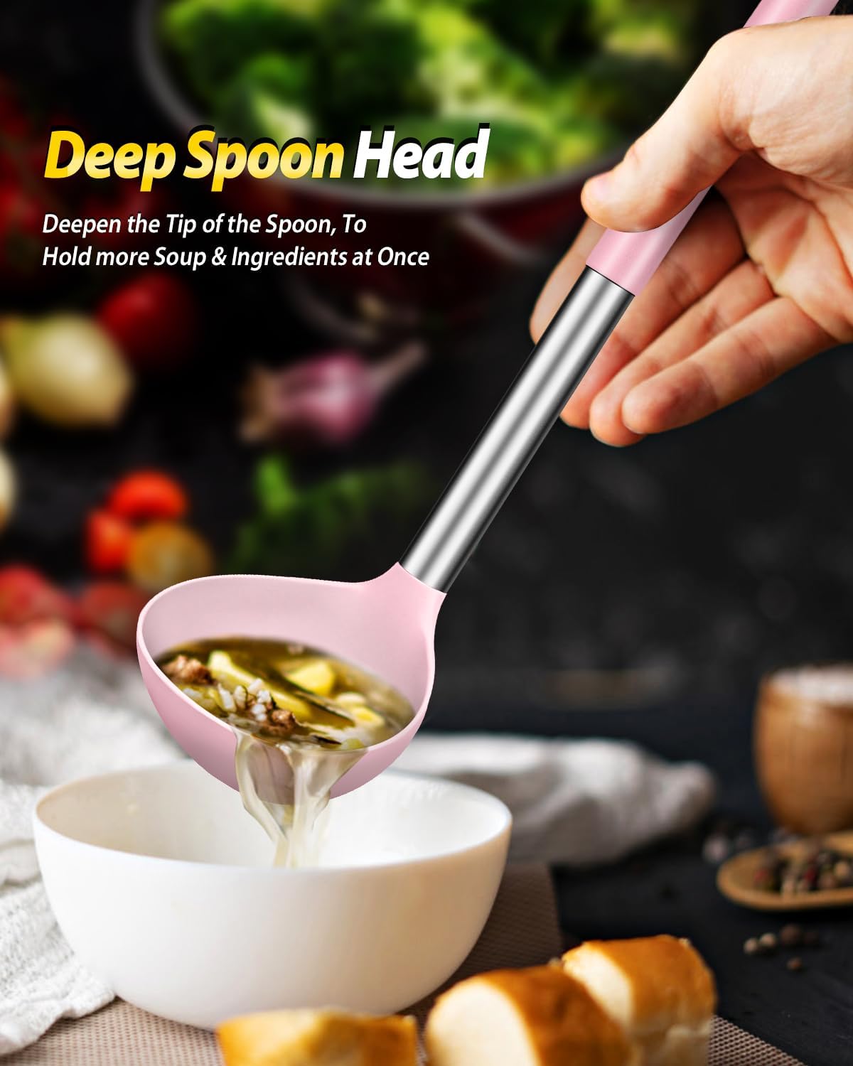 BUNDLEPRO Silicone Soup Ladle and Pasta Spoon Set, 2 Pack, Gray