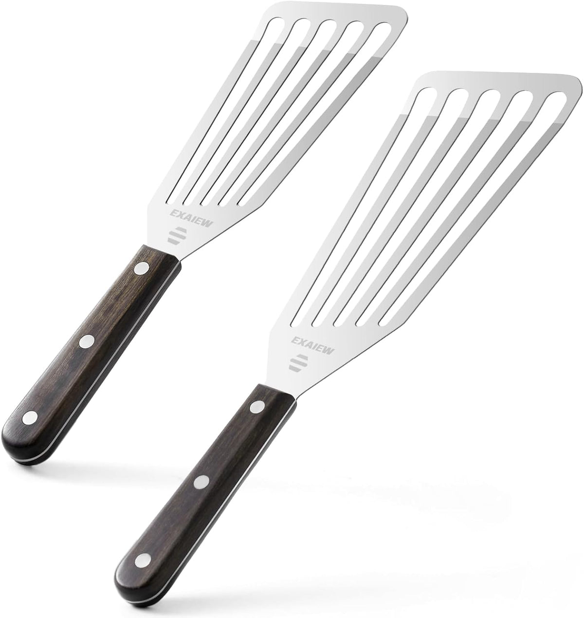 2 Pack Fish Spatula Stainless Steel - Metal Spatula Set, Wooden Handle | Kitchen Slotted Fish Turner/Spatula Set [ Large+Medium ] for Cooking & BBQ, Flipping Eggs, Burgers and Baking, Perfect Gifts