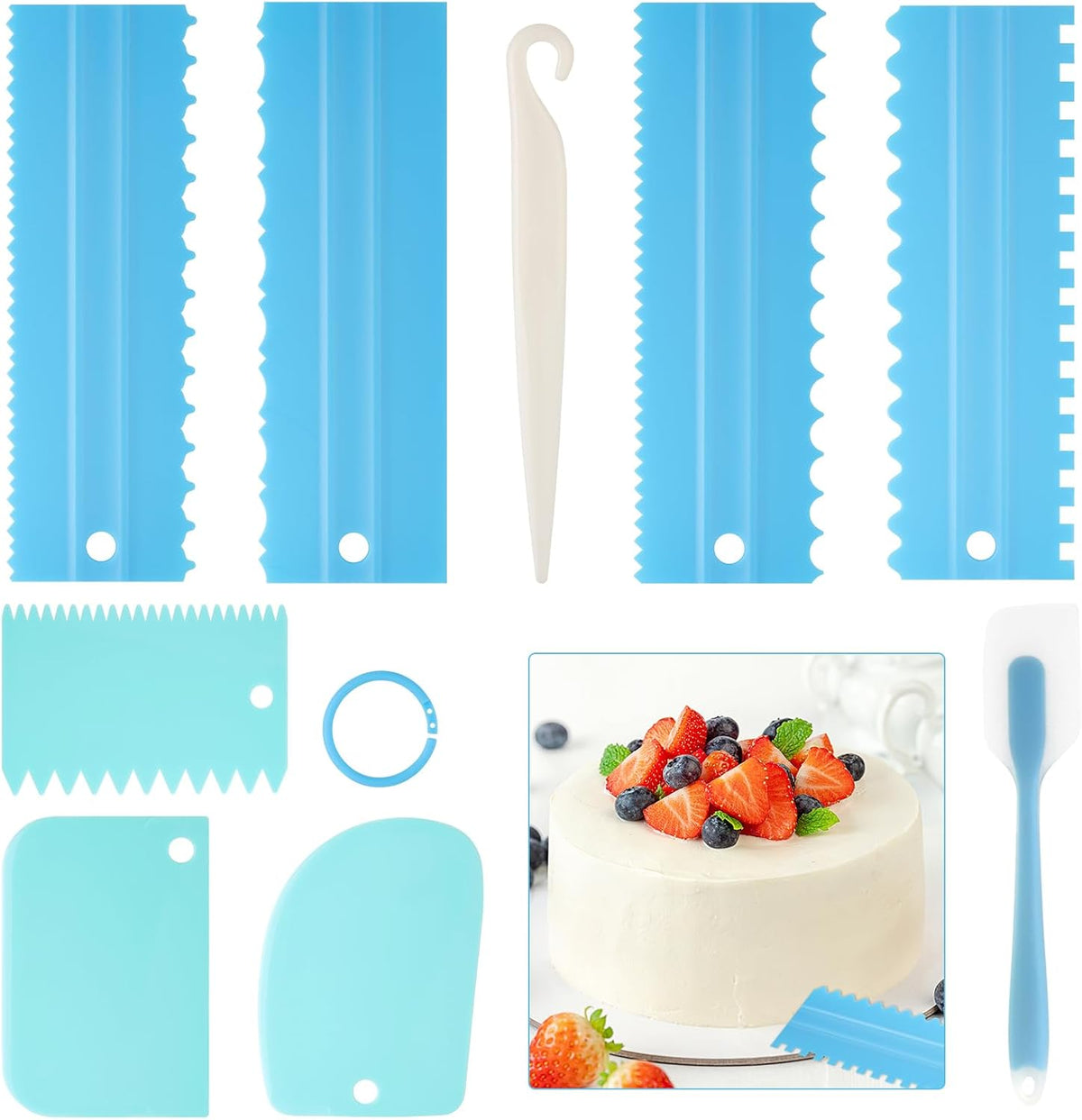 9PCS Cake Scraper Set with Cake Scraper Smoother Set, Adjustable Icing Scraper Polisher Tool, Cake Decorating Comb, Icing Smoother Plastic Sawtooth,Cake Icing Kitchen Baking Cake Edge(White)