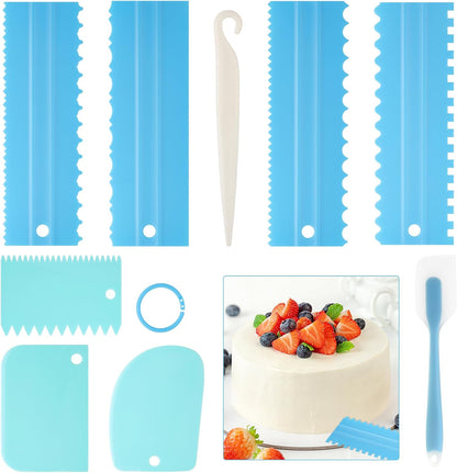 9PCS Cake Scraper Set with Cake Scraper Smoother Set, Adjustable Icing Scraper Polisher Tool, Cake Decorating Comb, Icing Smoother Plastic Sawtooth,Cake Icing Kitchen Baking Cake Edge(White)