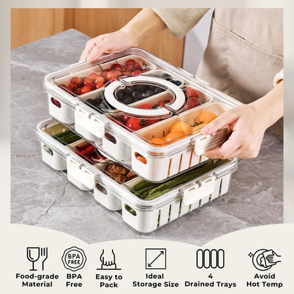Sallim Divided Serving Tray with Lid and Handle - 4 Compartments Lightweight Snackle Box for Snack, Veggies, Fruits and Nuts