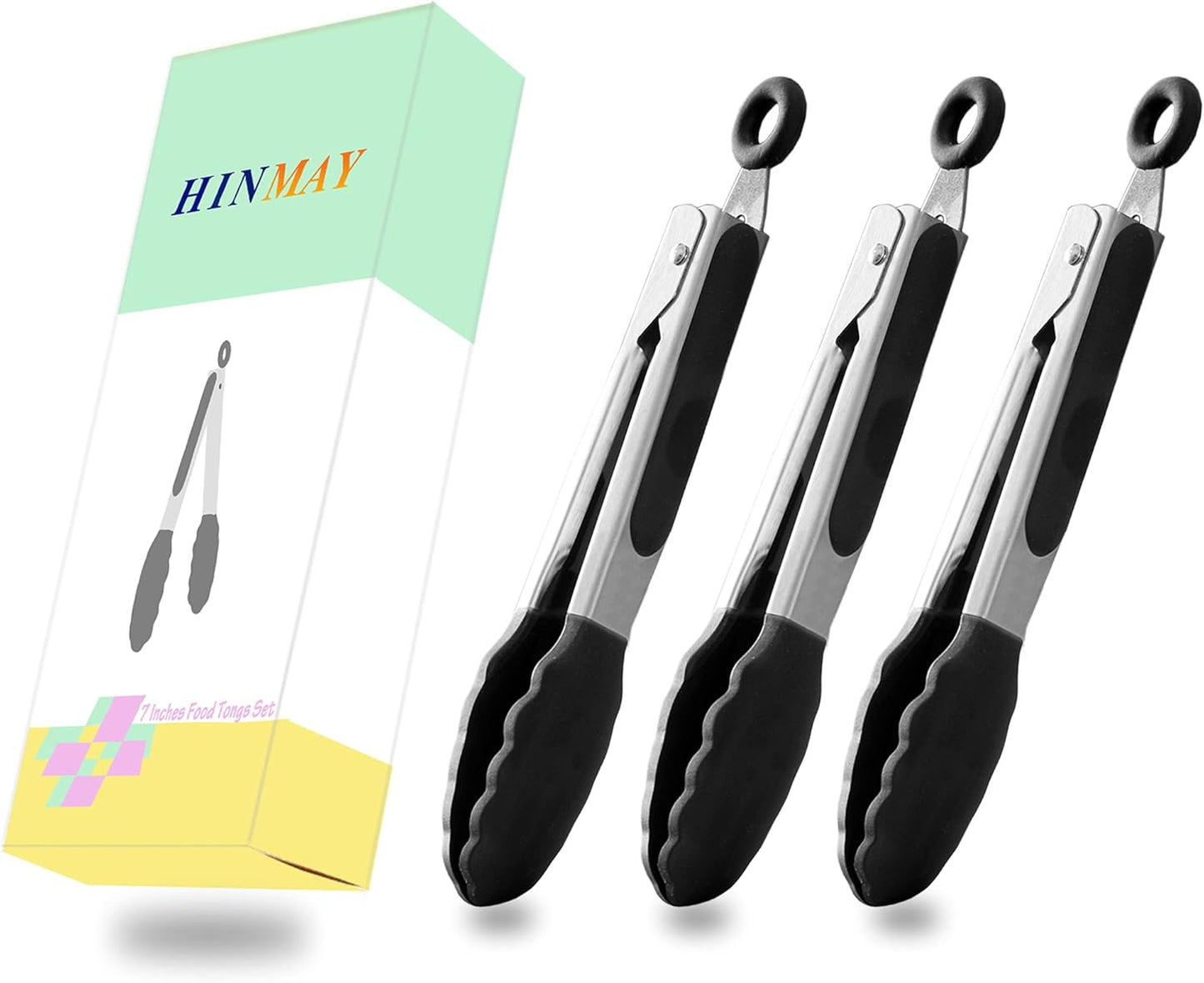 HINMAY Small Silicone Tongs 7-Inch Mini Serving Tongs, Set of 3 (Black Gray White)