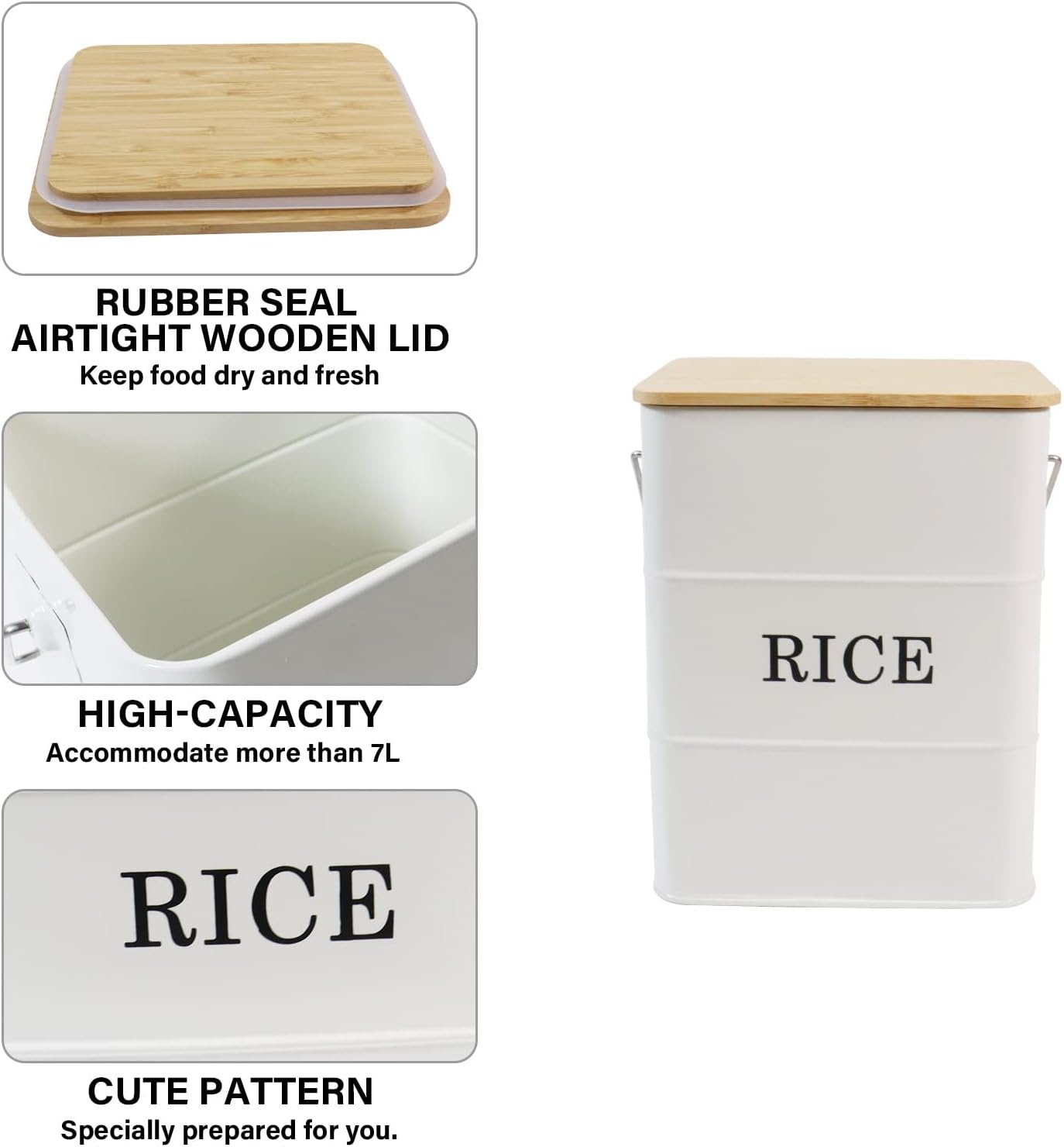 Rice Container Metal Rice Storage Bin, Rice Storage Box with Airtight Bamboo Lid & Scoop, Food Storage Container for Rice Flour Soybean Grain Cereal (White)