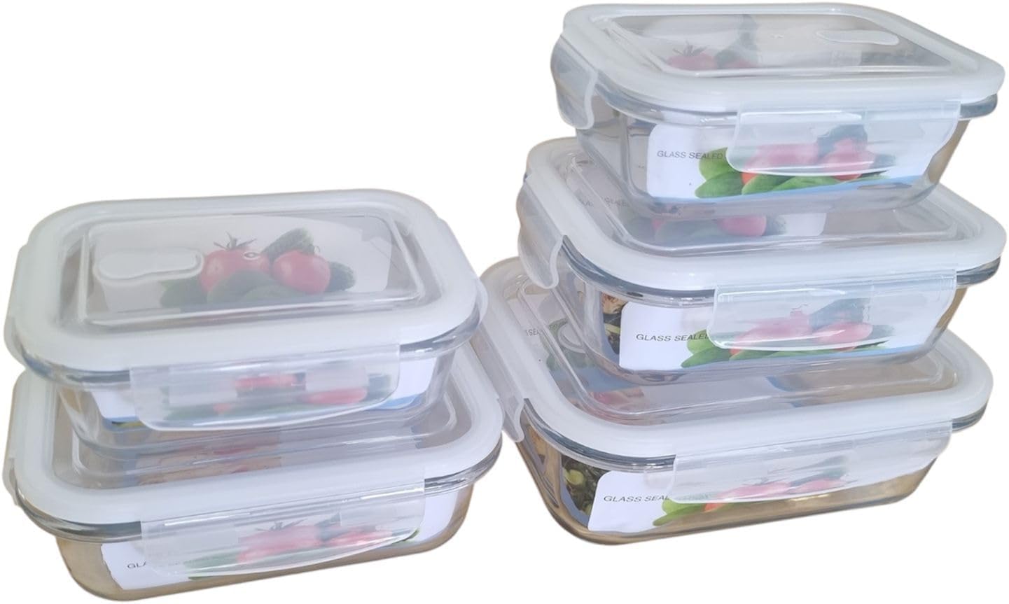 Rectangular Glass Food Storage Containers with Airtight Lids, 5-Piece Set – 34oz, 22oz, 13oz Meal Prep & Leftover Containers, Oven Microwave Freezer Dishwasher Safe