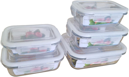 Rectangular Glass Food Storage Containers with Airtight Lids, 5-Piece Set – 34oz, 22oz, 13oz Meal Prep & Leftover Containers, Oven Microwave Freezer Dishwasher Safe